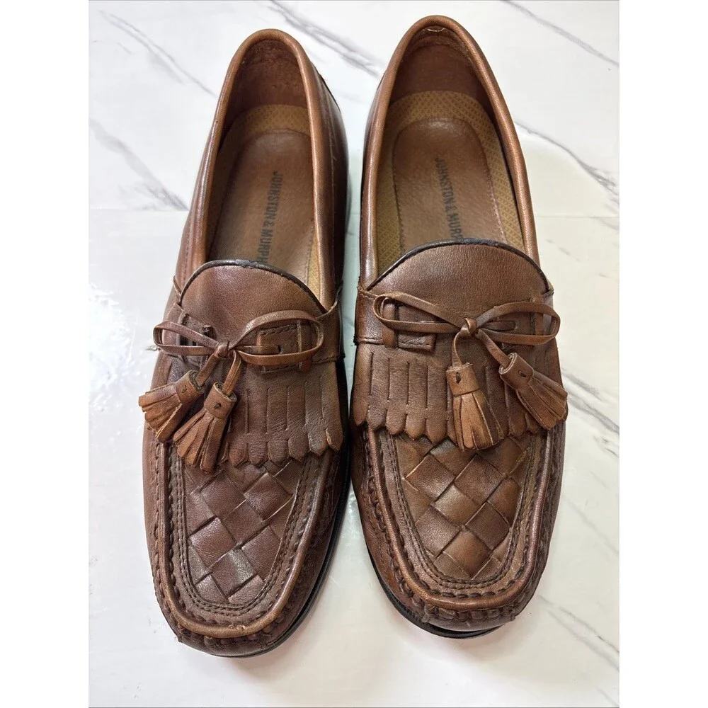 Johnston & Murphy Men’s Halsey Kiltie Tassel Brown Woven Leather Loafers 10M